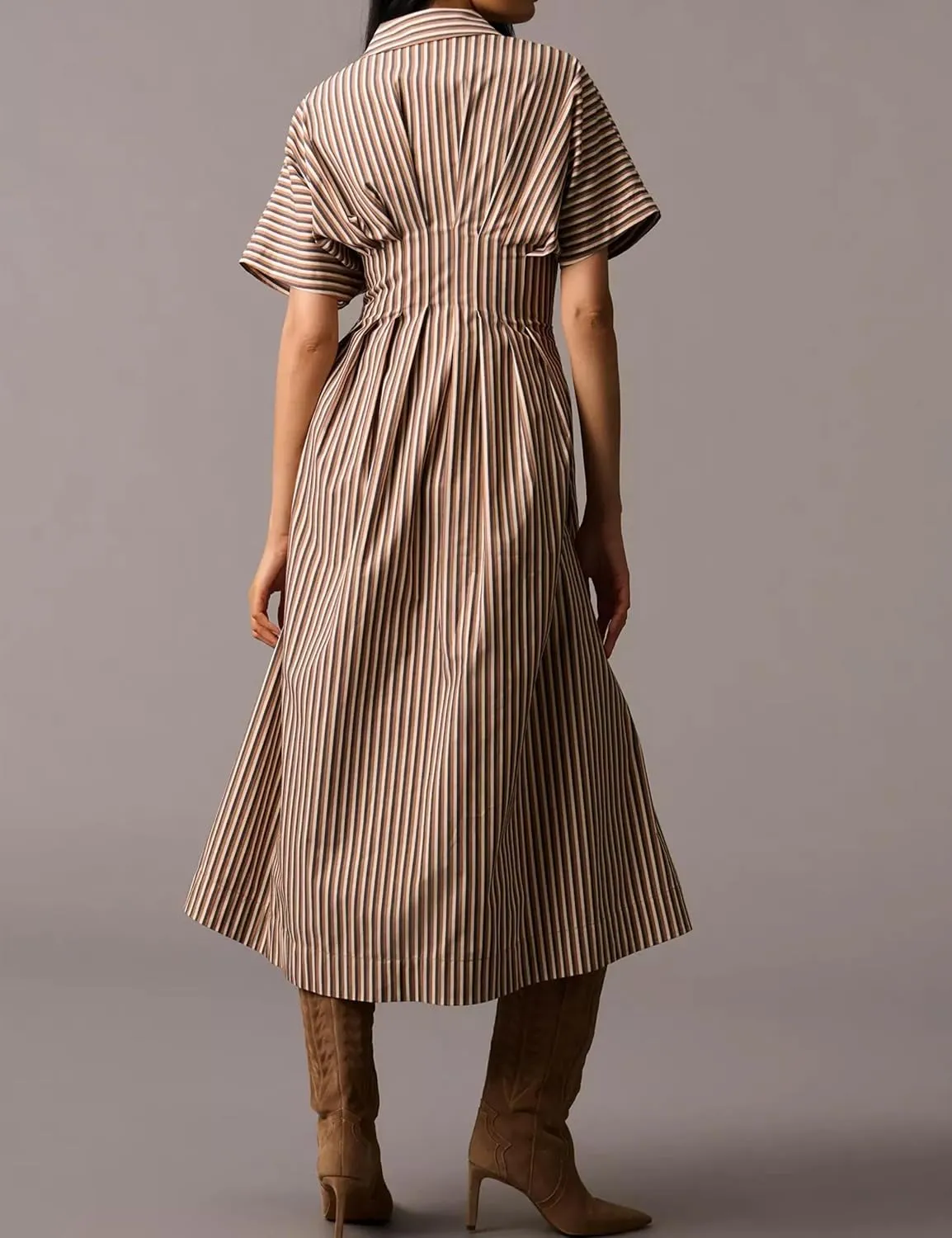 Women Button Front Pleated Shirt Maxi Dress Summer Striped Prints Short Sleeve Collar Casual Long Dresses