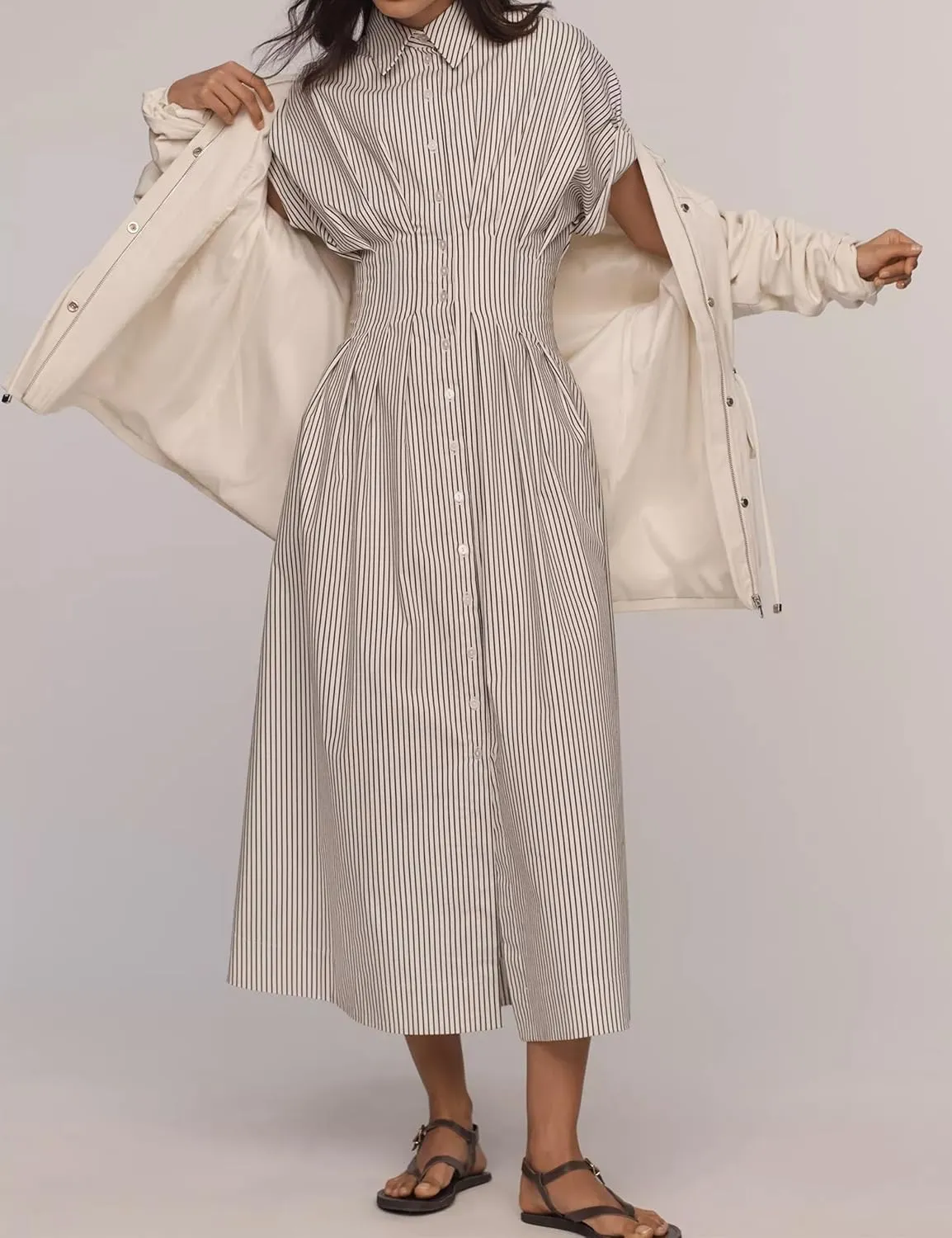 Women Button Front Pleated Shirt Maxi Dress Summer Striped Prints Short Sleeve Collar Casual Long Dresses