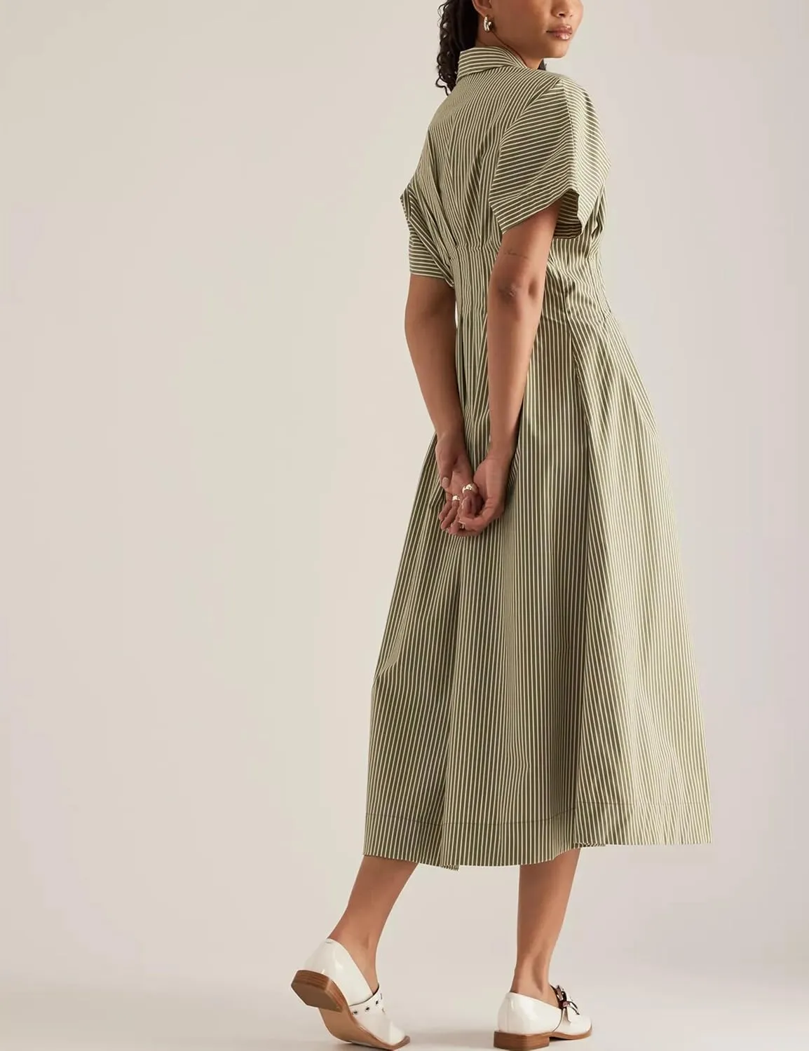 Women Button Front Pleated Shirt Maxi Dress Summer Striped Prints Short Sleeve Collar Casual Long Dresses