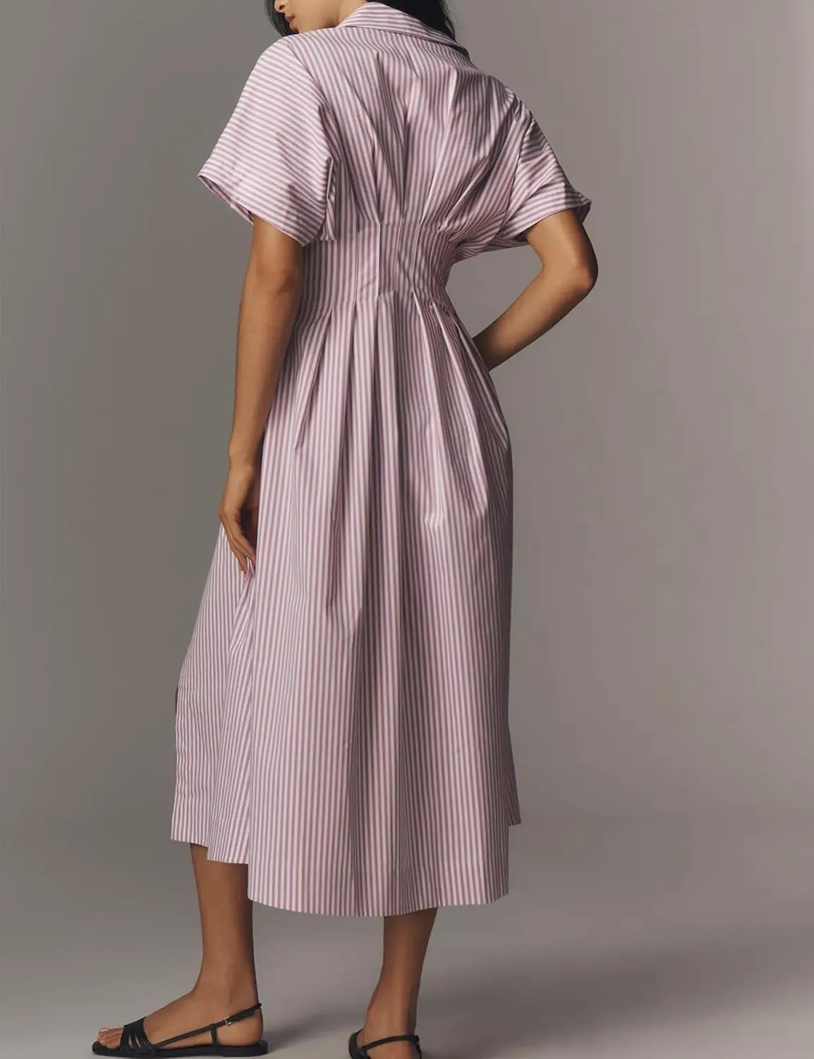 Women Button Front Pleated Shirt Maxi Dress Summer Striped Prints Short Sleeve Collar Casual Long Dresses