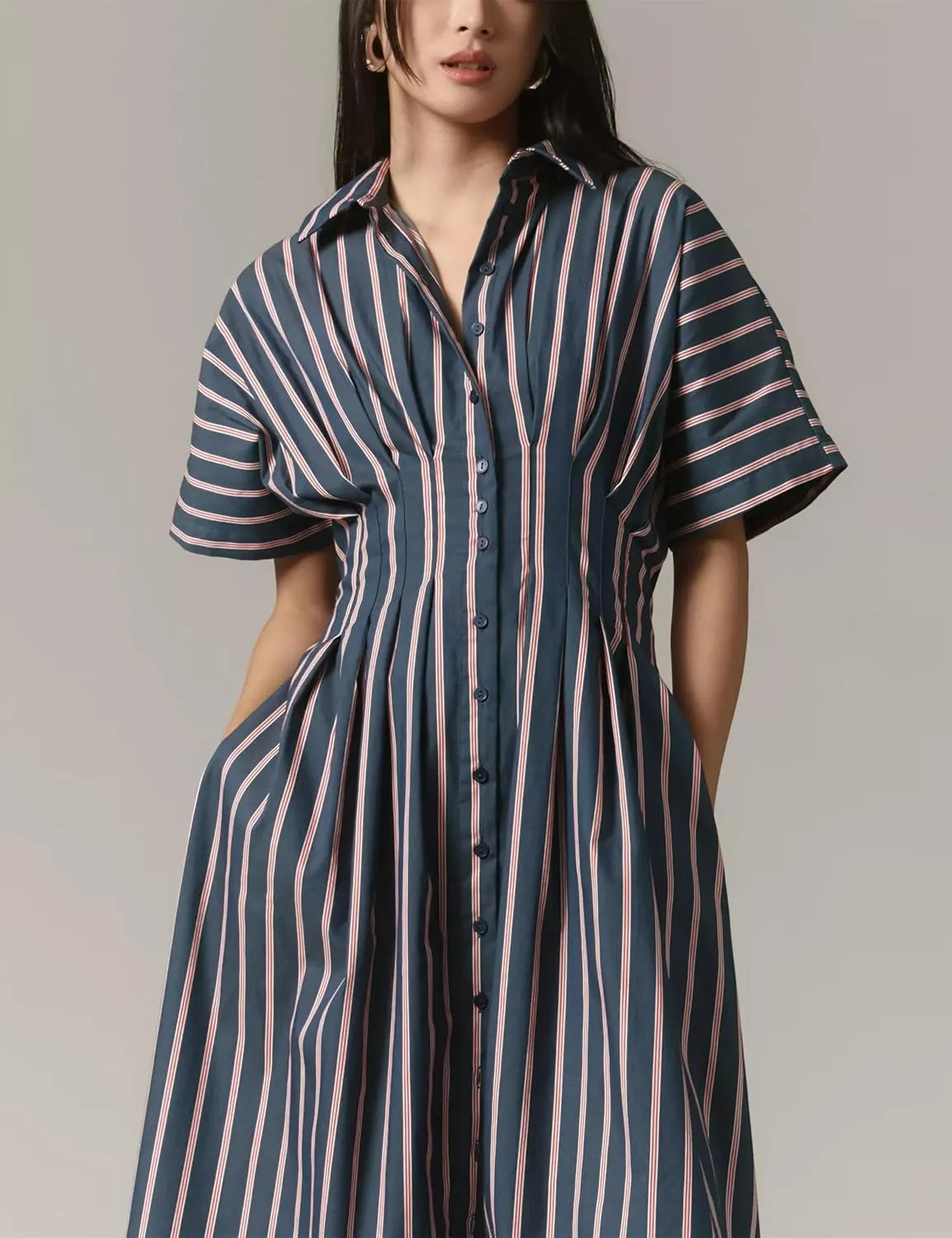 Women Button Front Pleated Shirt Maxi Dress Summer Striped Prints Short Sleeve Collar Casual Long Dresses
