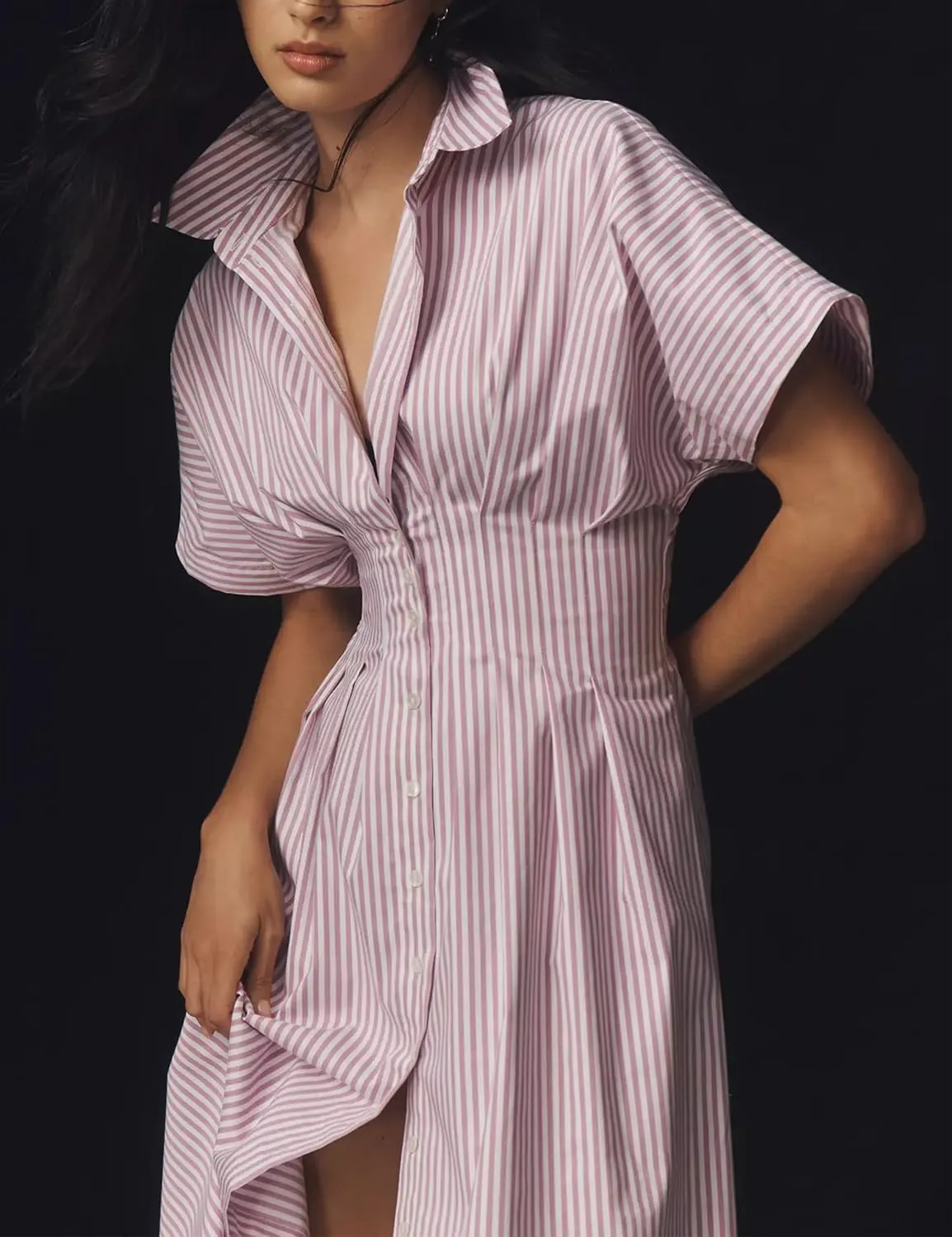 Women Button Front Pleated Shirt Maxi Dress Summer Striped Prints Short Sleeve Collar Casual Long Dresses