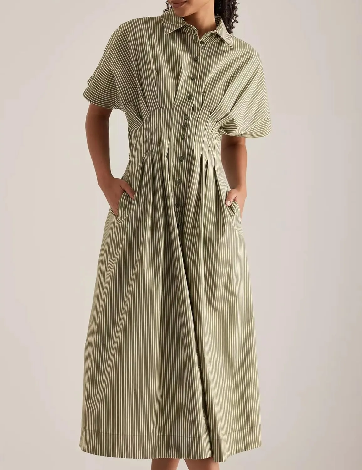 Women Button Front Pleated Shirt Maxi Dress Summer Striped Prints Short Sleeve Collar Casual Long Dresses