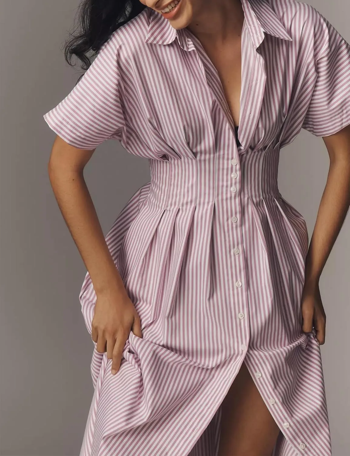 Women Button Front Pleated Shirt Maxi Dress Summer Striped Prints Short Sleeve Collar Casual Long Dresses