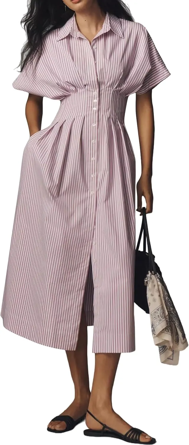 Women Button Front Pleated Shirt Maxi Dress Summer Striped Prints Short Sleeve Collar Casual Long Dresses