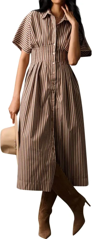Women Button Front Pleated Shirt Maxi Dress Summer Striped Prints Short Sleeve Collar Casual Long Dresses