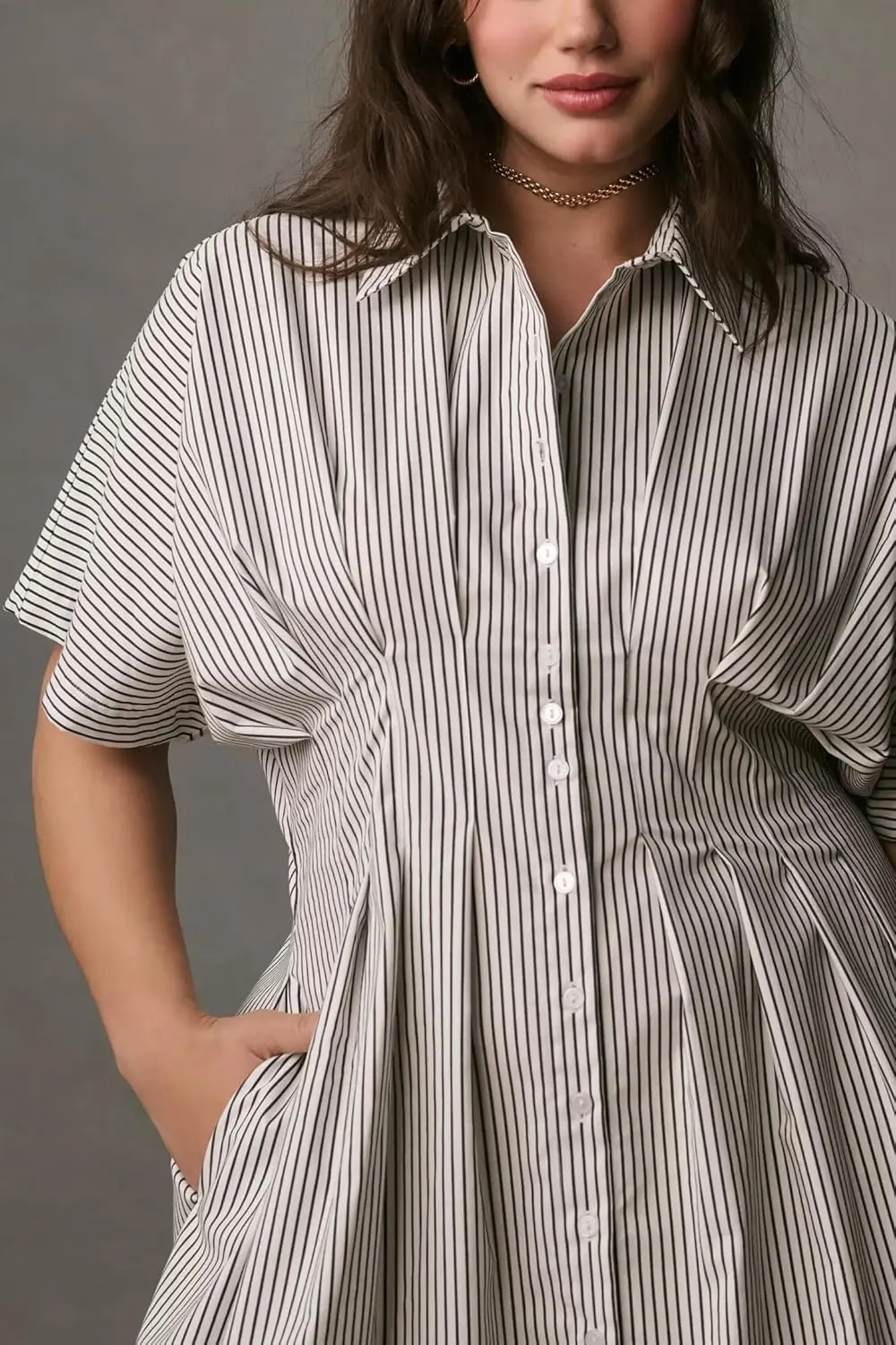 Women Button Front Pleated Shirt Maxi Dress Summer Striped Prints Short Sleeve Collar Casual Long Dresses