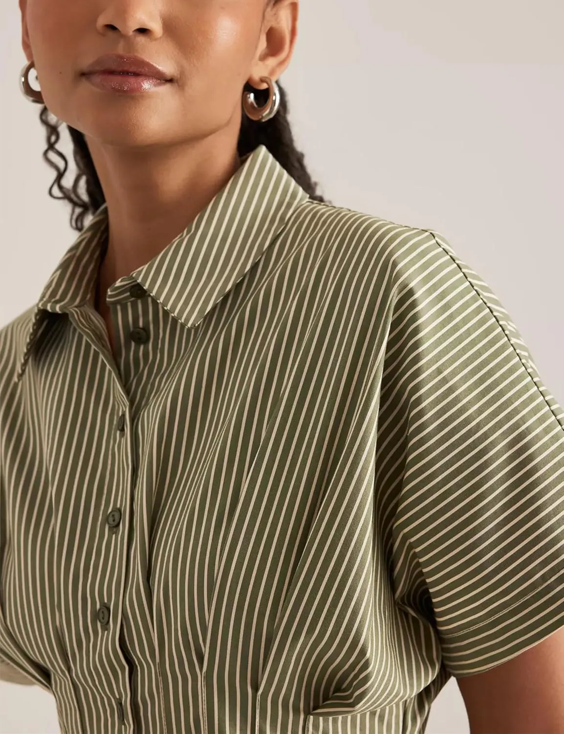 Women Button Front Pleated Shirt Maxi Dress Summer Striped Prints Short Sleeve Collar Casual Long Dresses