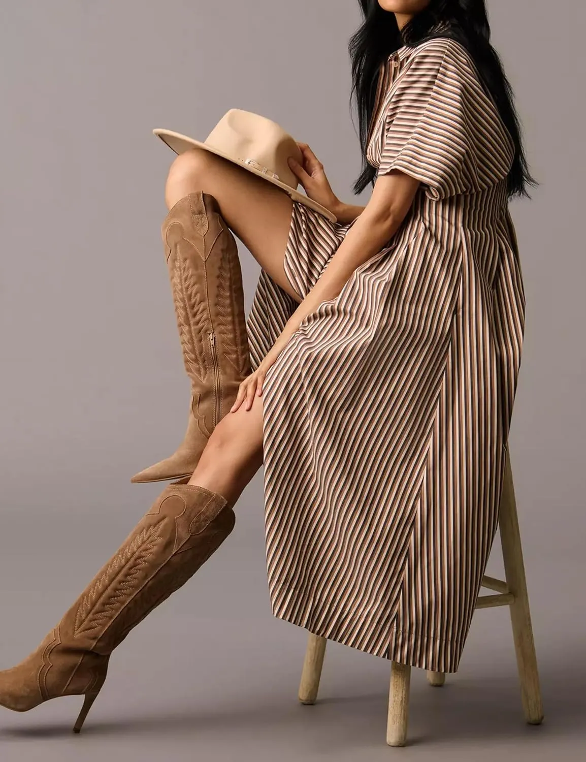 Women Button Front Pleated Shirt Maxi Dress Summer Striped Prints Short Sleeve Collar Casual Long Dresses