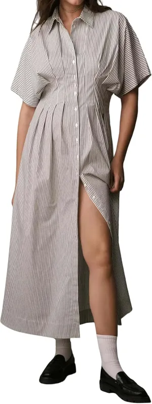 Women Button Front Pleated Shirt Maxi Dress Summer Striped Prints Short Sleeve Collar Casual Long Dresses