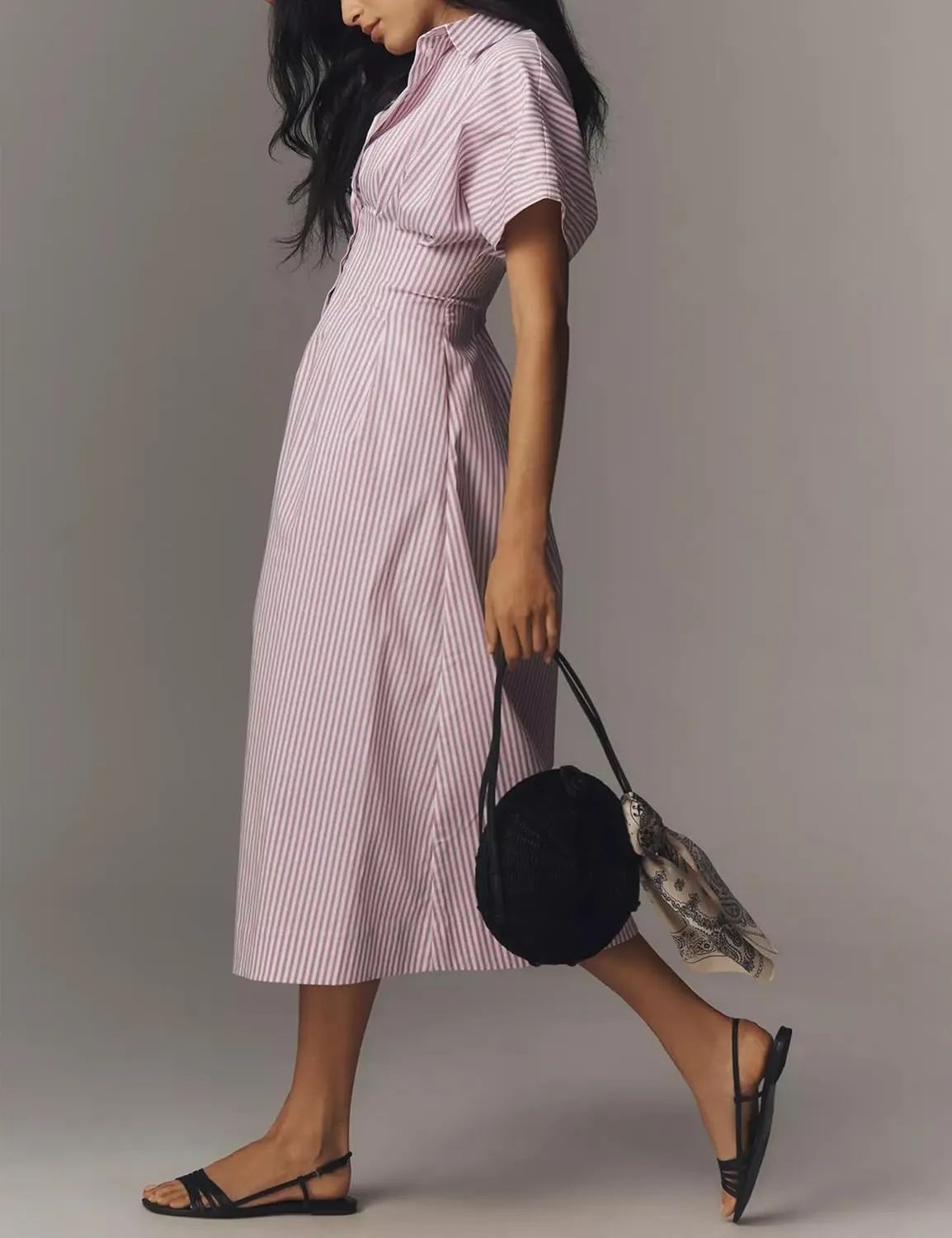 Women Button Front Pleated Shirt Maxi Dress Summer Striped Prints Short Sleeve Collar Casual Long Dresses