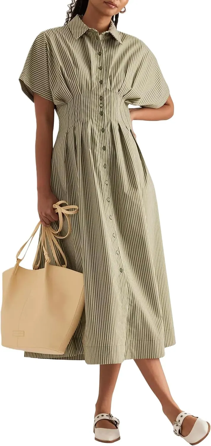 Women Button Front Pleated Shirt Maxi Dress Summer Striped Prints Short Sleeve Collar Casual Long Dresses