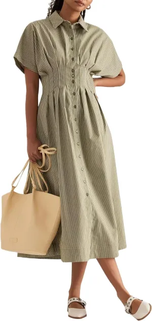 Women Button Front Pleated Shirt Maxi Dress Summer Striped Prints Short Sleeve Collar Casual Long Dresses