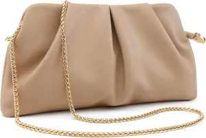 Women Clutch Bag Dressy Formal Handbag Pleated PU Clutch Purse Detachable Chain Crossbody Bag