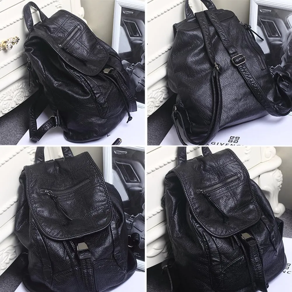 Women Hobo Drawstring Backpack Travel Daypack Satchel Soft Faux Leather Purse Shoulder Bags Black