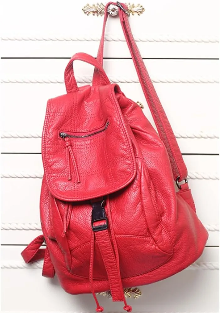 Women Hobo Drawstring Backpack Travel Daypack Satchel Soft Faux Leather Purse Shoulder Bags Red