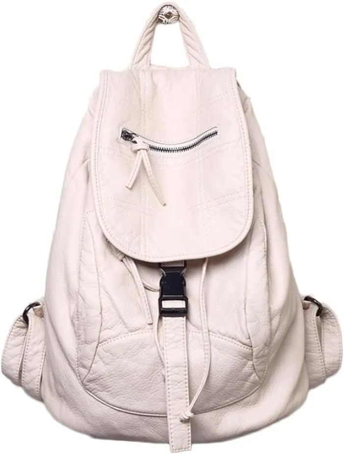 Women Hobo Drawstring Backpack Travel Daypack Satchel Soft Faux Leather Purse Shoulder Bags White