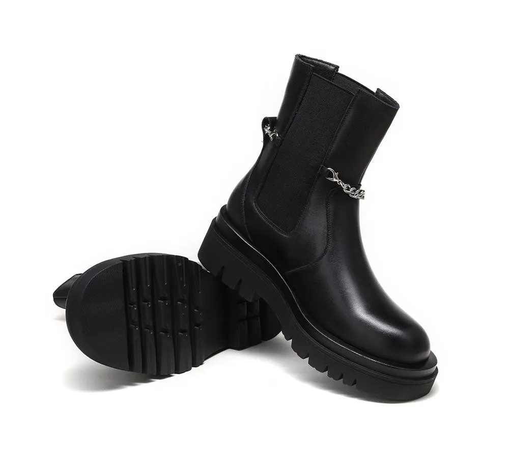 Women Leather Ankle Boots With Removable Metal Chain Decor Cheska