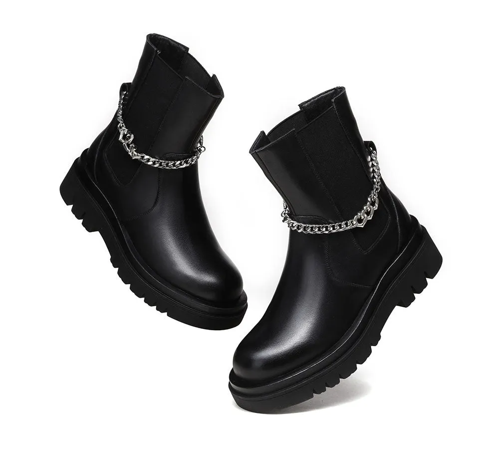Women Leather Ankle Boots With Removable Metal Chain Decor Cheska
