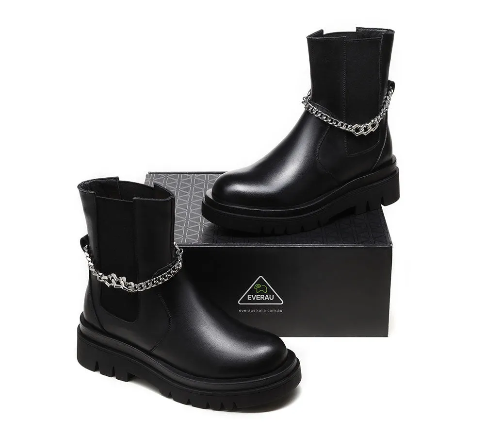Women Leather Ankle Boots With Removable Metal Chain Decor Cheska