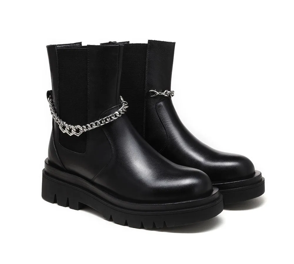 Women Leather Ankle Boots With Removable Metal Chain Decor Cheska
