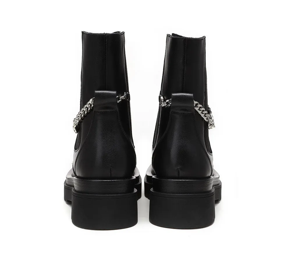 Women Leather Ankle Boots With Removable Metal Chain Decor Cheska