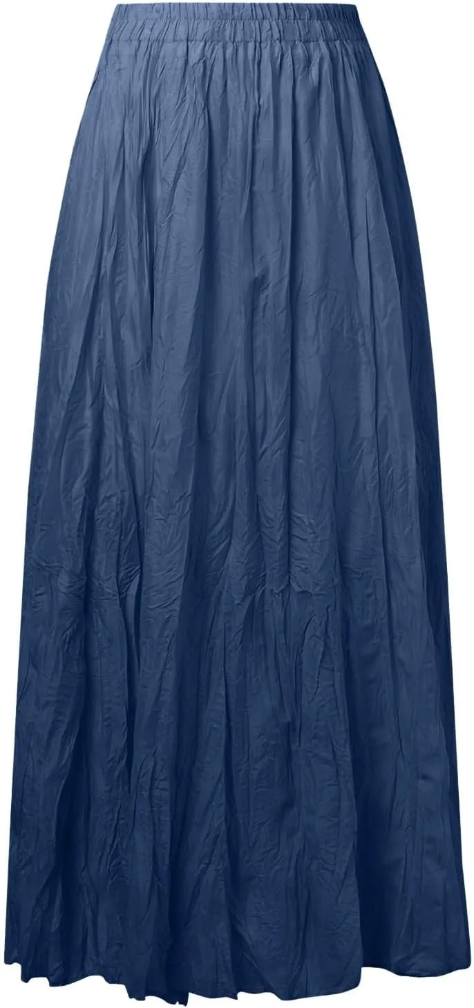 Women Maxi Skirt High Elastic Waist A Line Long Skirt Summer Casual Ruffle Pleated Midi Dress Vintage Wrap Loose