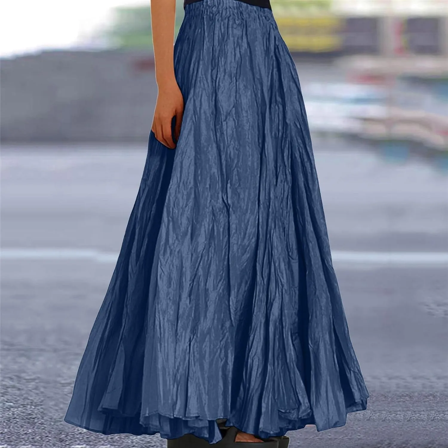 Women Maxi Skirt High Elastic Waist A Line Long Skirt Summer Casual Ruffle Pleated Midi Dress Vintage Wrap Loose