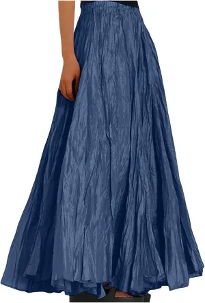 Women Maxi Skirt High Elastic Waist A Line Long Skirt Summer Casual Ruffle Pleated Midi Dress Vintage Wrap Loose