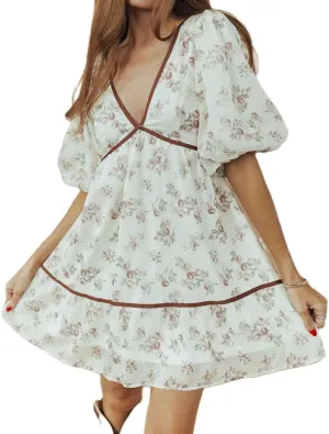 Women Patchwork Floral Mini Dress Y2k Short Puff Sleeve Tie Back Lace Ruffle Flowy Dresses Summer Boho Sundress