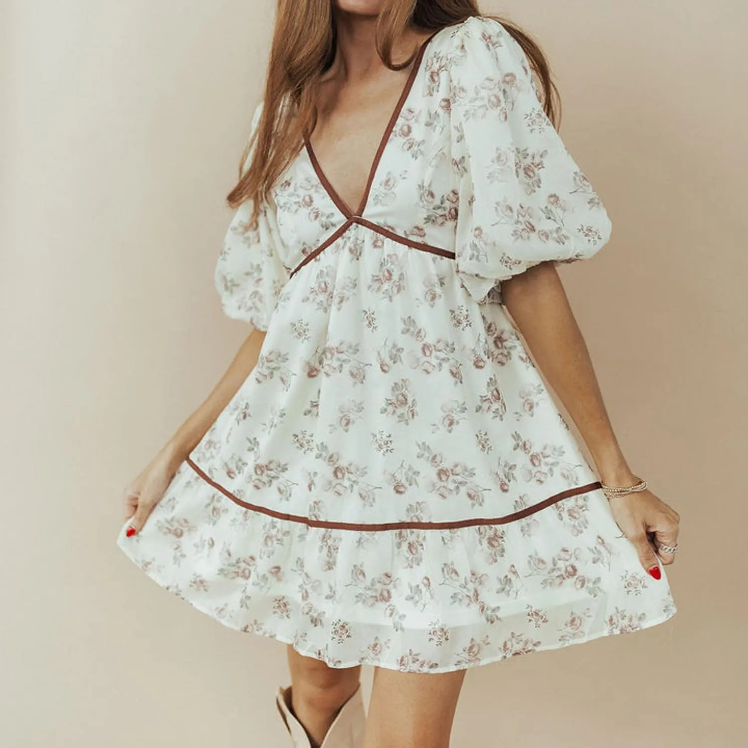 Women Patchwork Floral Mini Dress Y2k Short Puff Sleeve Tie Back Lace Ruffle Flowy Dresses Summer Boho Sundress