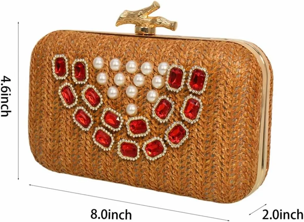 Women Pearls Straw Clutch Bag Summer Beach Woven Crossbody with Rhinestone Sparkly Beaded Purse for Wedding Vacation