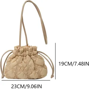 Women Puffer Bucket Bag Detachable Strap Drawstring Shoulder Bags Solid Color Soft Padding Handbag for Outdoor Trave