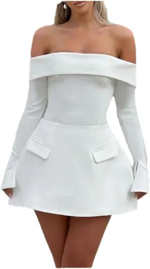 Women Slash Neck Long Sleeve High Waist Mini Dress Female Solid Spliced Pockets Mini Dresses
