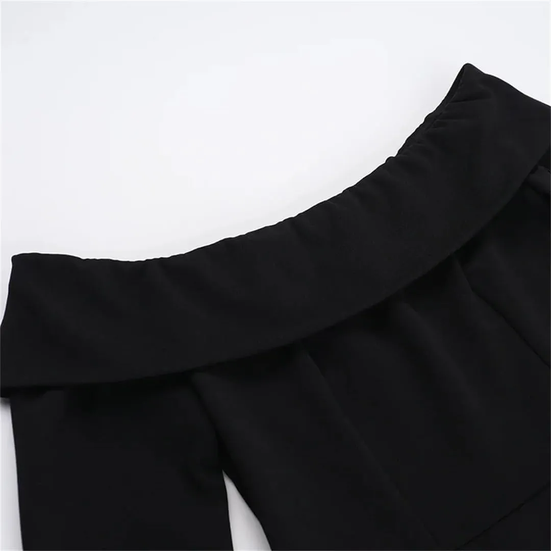 Women Slash Neck Long Sleeve High Waist Mini Dress Female Solid Spliced Pockets Mini Dresses