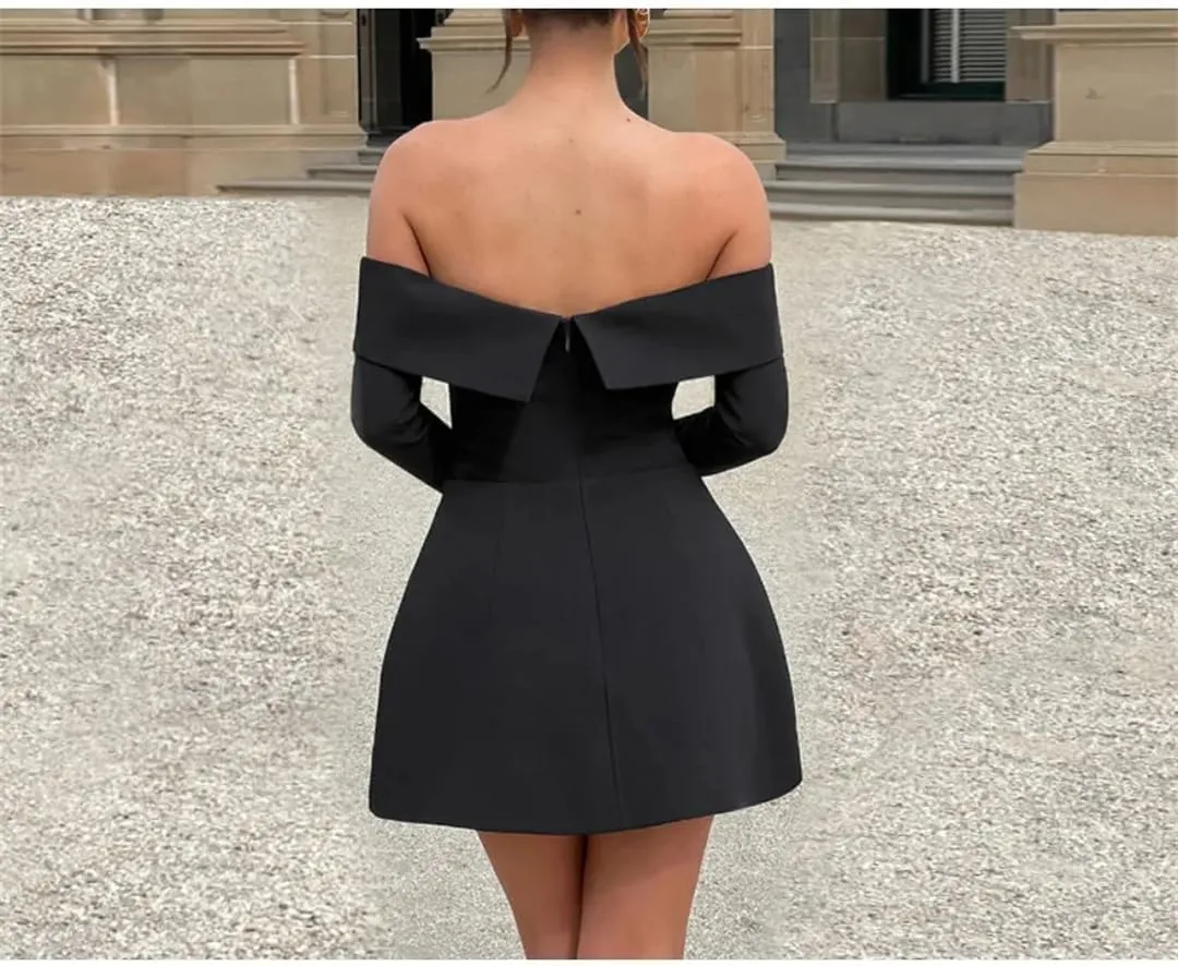 Women Slash Neck Long Sleeve High Waist Mini Dress Female Solid Spliced Pockets Mini Dresses