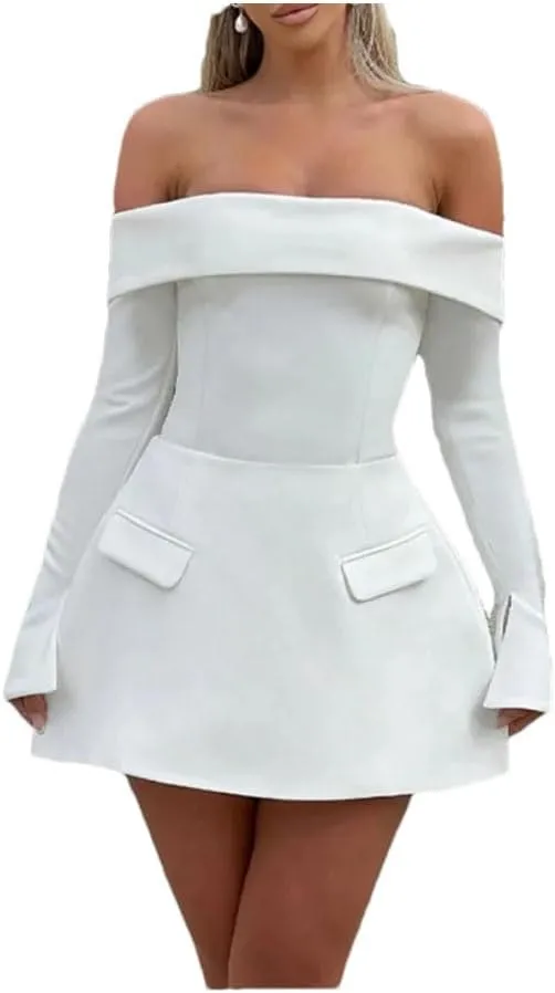 Women Slash Neck Long Sleeve High Waist Mini Dress Female Solid Spliced Pockets Mini Dresses
