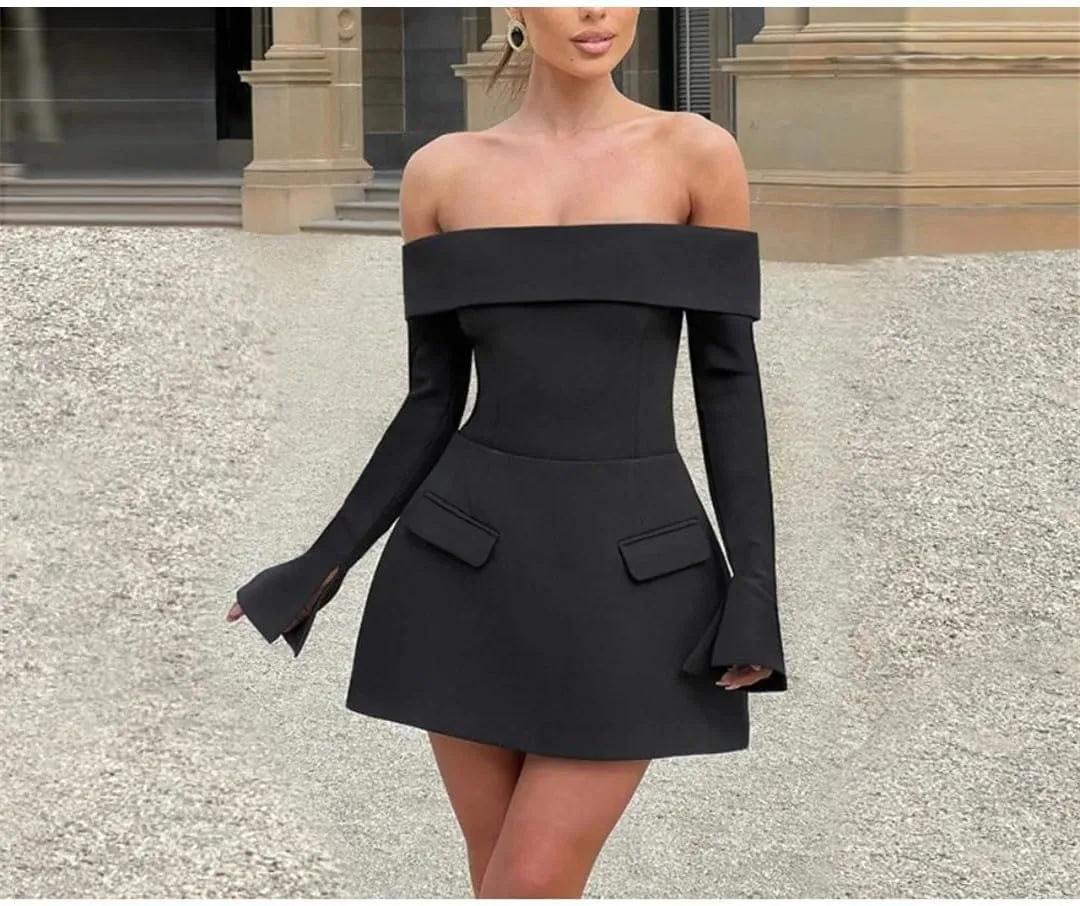 Women Slash Neck Long Sleeve High Waist Mini Dress Female Solid Spliced Pockets Mini Dresses