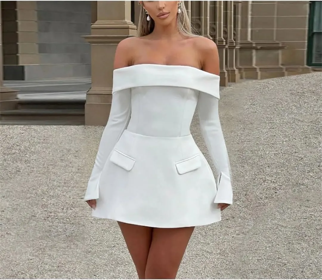Women Slash Neck Long Sleeve High Waist Mini Dress Female Solid Spliced Pockets Mini Dresses