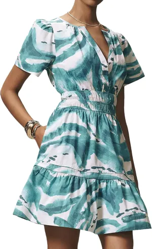 Women Somerset Mini Dress 2025 Summer Casual Floral Print V Neck Short Sleeve Tiered Boho Vacation Beach Dresses