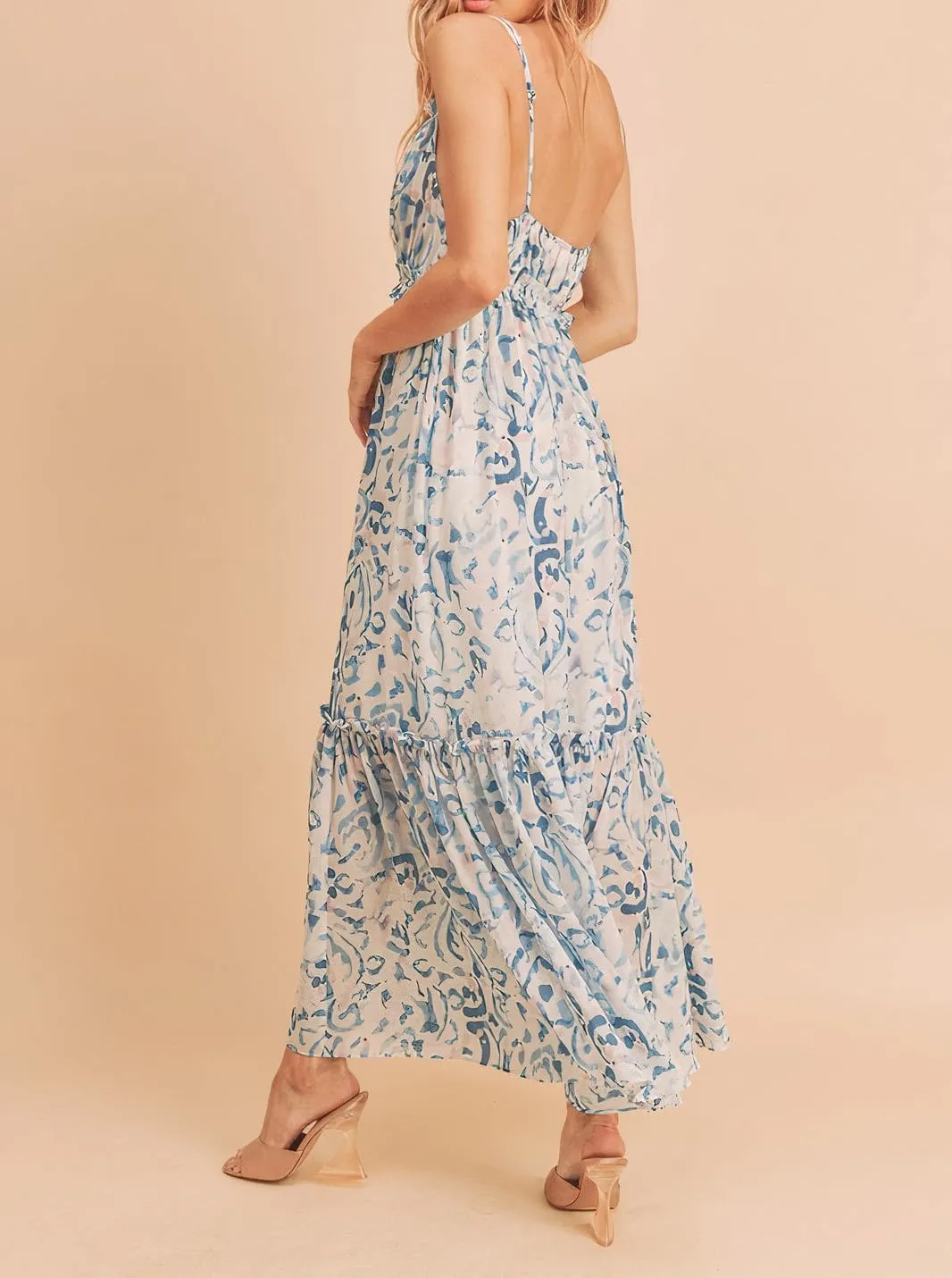Women Spaghetti Strap Tie Shoulder Floral Maxi Dress Y2k Lace Trim Ruffle Long Dress Summer Boho Flowy Sundress