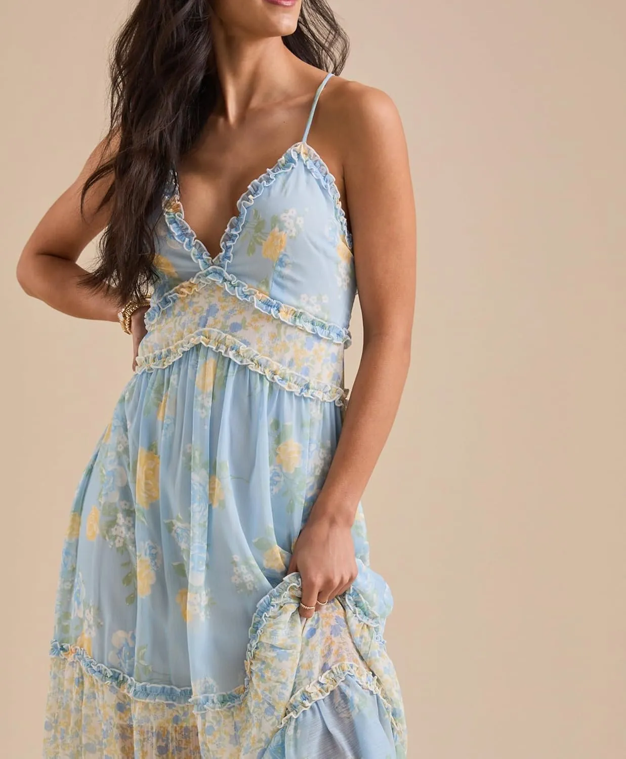 Women Spaghetti Strap Tie Shoulder Floral Maxi Dress Y2k Lace Trim Ruffle Long Dress Summer Boho Flowy Sundress