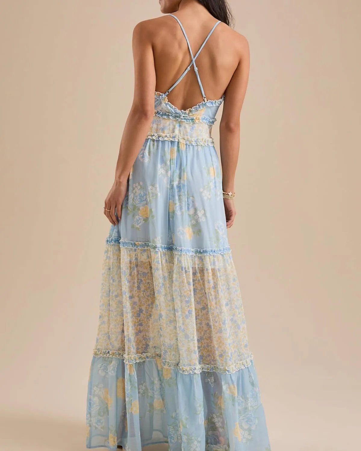 Women Spaghetti Strap Tie Shoulder Floral Maxi Dress Y2k Lace Trim Ruffle Long Dress Summer Boho Flowy Sundress