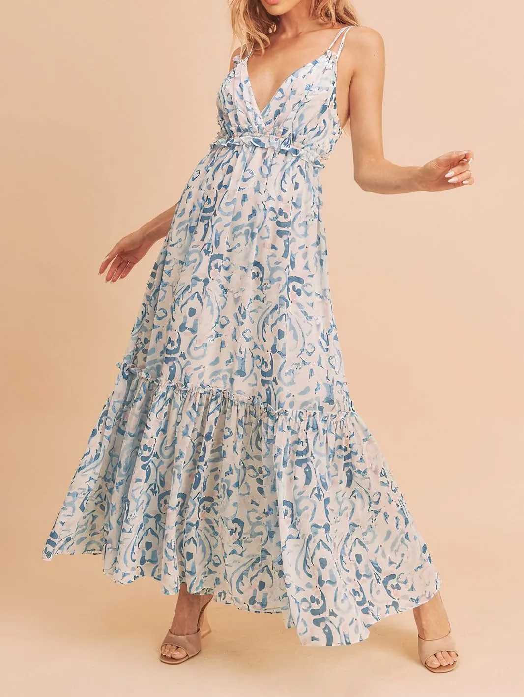 Women Spaghetti Strap Tie Shoulder Floral Maxi Dress Y2k Lace Trim Ruffle Long Dress Summer Boho Flowy Sundress
