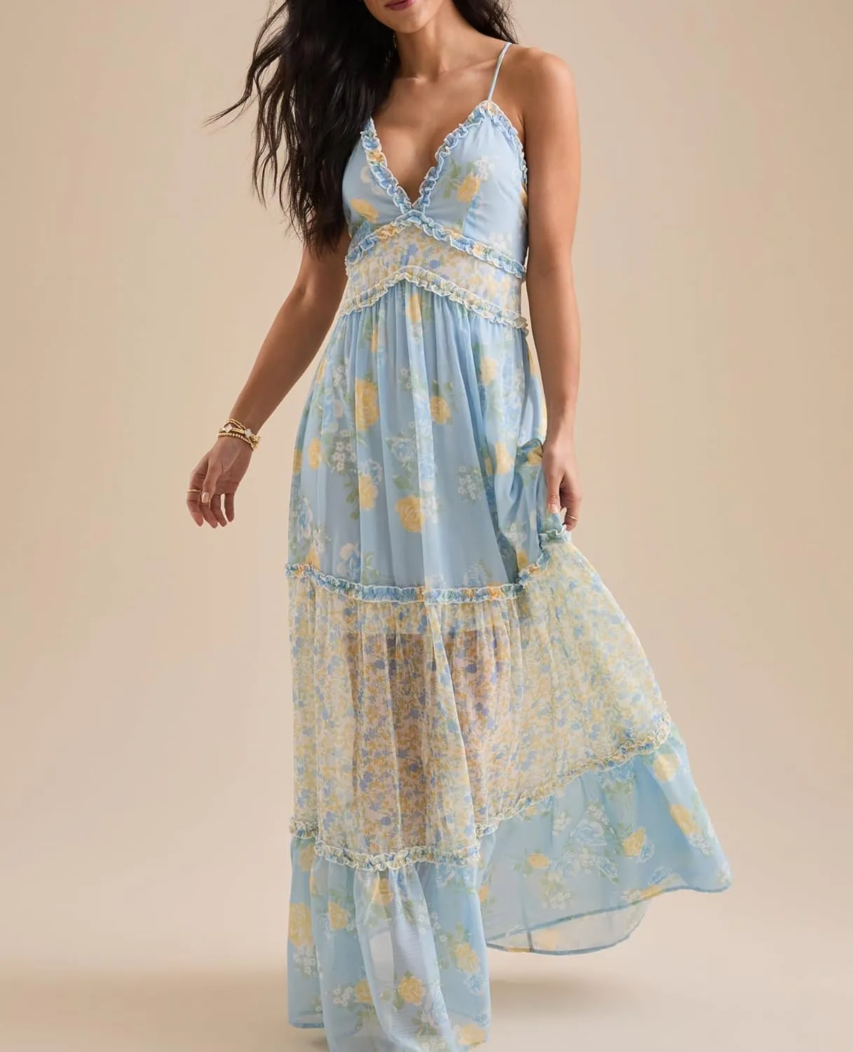 Women Spaghetti Strap Tie Shoulder Floral Maxi Dress Y2k Lace Trim Ruffle Long Dress Summer Boho Flowy Sundress