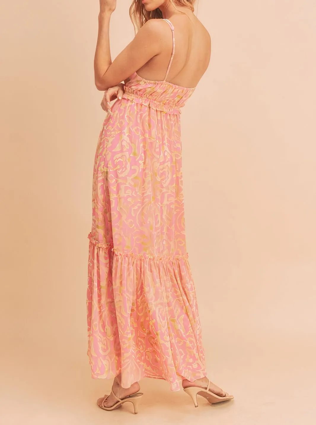 Women Spaghetti Strap Tie Shoulder Floral Maxi Dress Y2k Lace Trim Ruffle Long Dress Summer Boho Flowy Sundress
