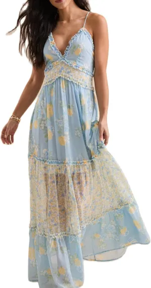 Women Spaghetti Strap Tie Shoulder Floral Maxi Dress Y2k Lace Trim Ruffle Long Dress Summer Boho Flowy Sundress