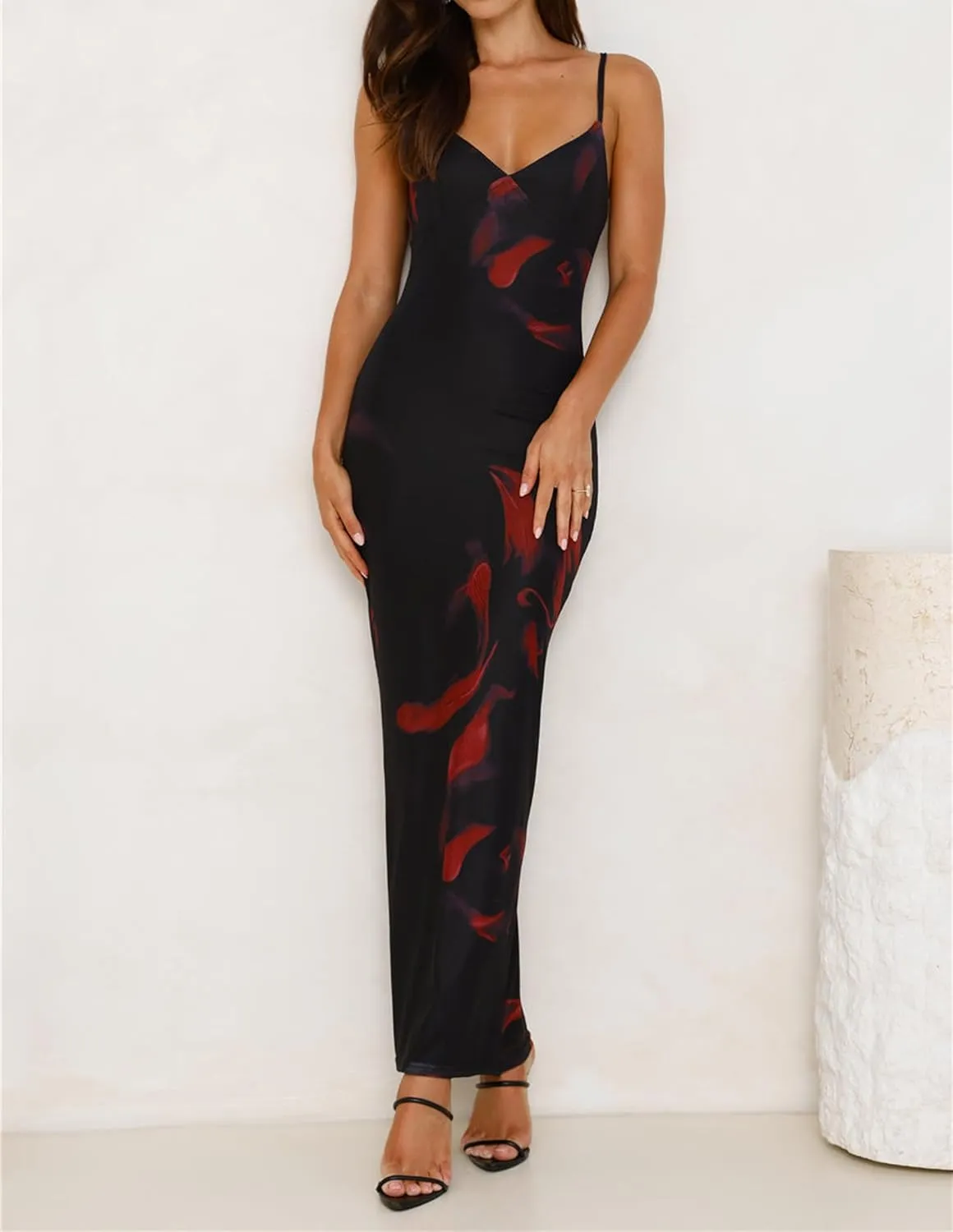 Women Spaghetti Strap Tie Shoulder Floral Maxi Dress Y2k Lace Trim Ruffle Long Dress Summer Boho Flowy Sundress