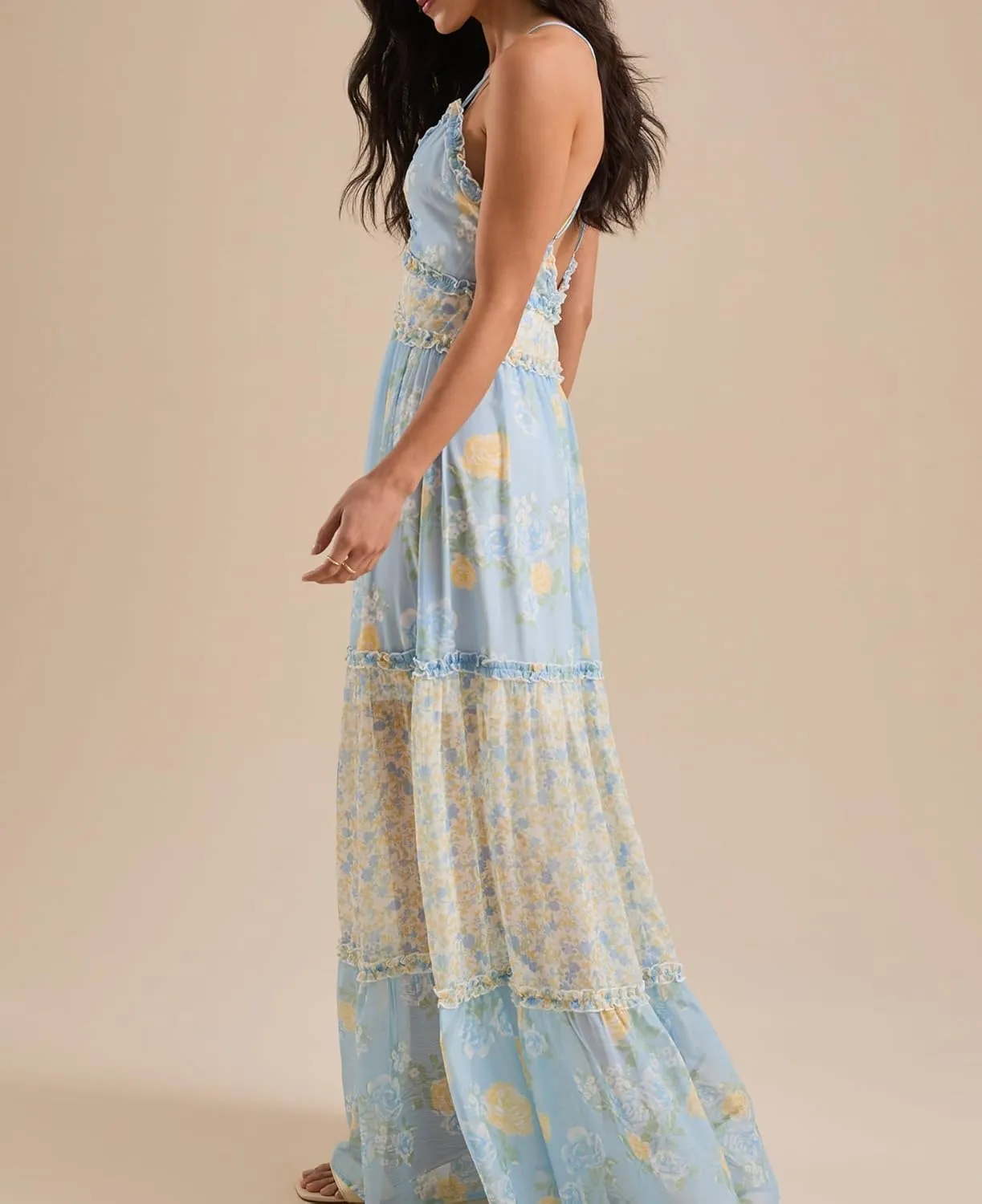 Women Spaghetti Strap Tie Shoulder Floral Maxi Dress Y2k Lace Trim Ruffle Long Dress Summer Boho Flowy Sundress