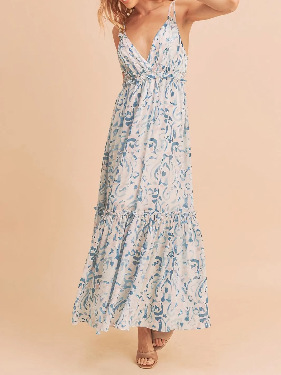 Women Spaghetti Strap Tie Shoulder Floral Maxi Dress Y2k Lace Trim Ruffle Long Dress Summer Boho Flowy Sundress